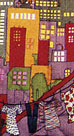 5) Notice how Ringgold's use of contrasting vertical and diagonal lines creates an interlocking three part structural division in the image: the background (the city), middle ground (the bridge) and foreground (the roof).  Notice also how certain colors echo throughout the entire image to integrate all of its parts.  Ringgold's use of quilting throughout the image echoes the interplay of vertical and diagonal lines and reinforces the dynamic quality of the image.  What other elements of color, line, texture, shape and scale contribute to this dynamic quality?  The use of scale in the depiction of the buildings, bridge and people is obviously not realistic.  How does this sense of scale< function in the image?